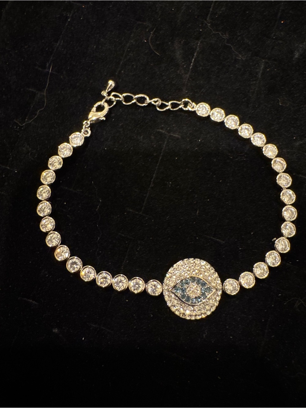 Evil Eye Tennis Bracelet Blue Clear Rhinestone Silver Tone Adjustable